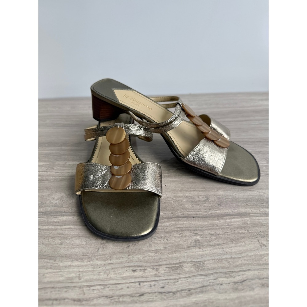 Liz Claiborne Vintage 90s Gold T-Strap Wood Block Heel Sandals Discs Women's 7‎
